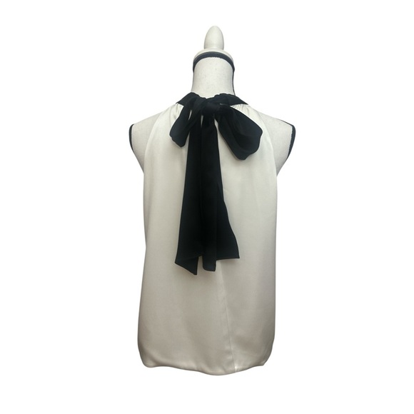 Alice + Olivia Maris Keyhole Halter Top Size Large Ivory Black Tie Neck Satin - Picture 3 of 9